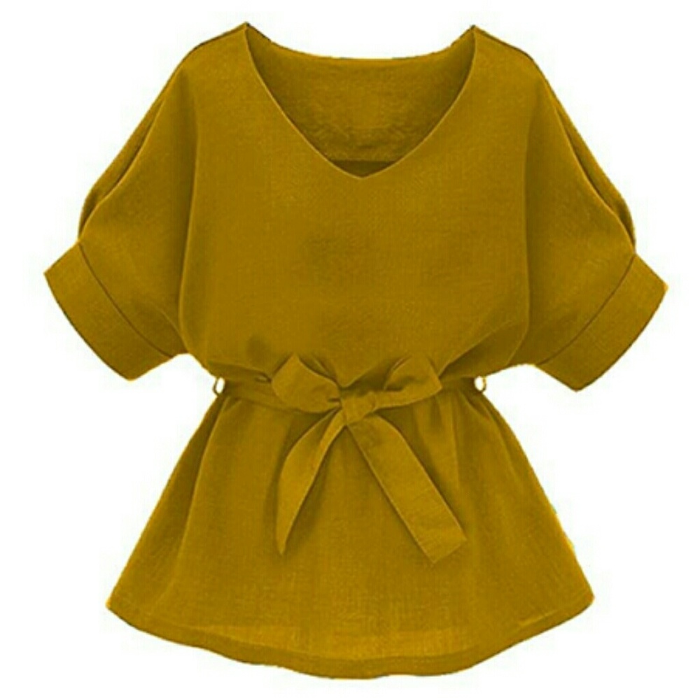 Milumia Gold V-Neck Blouse with Tie Belt